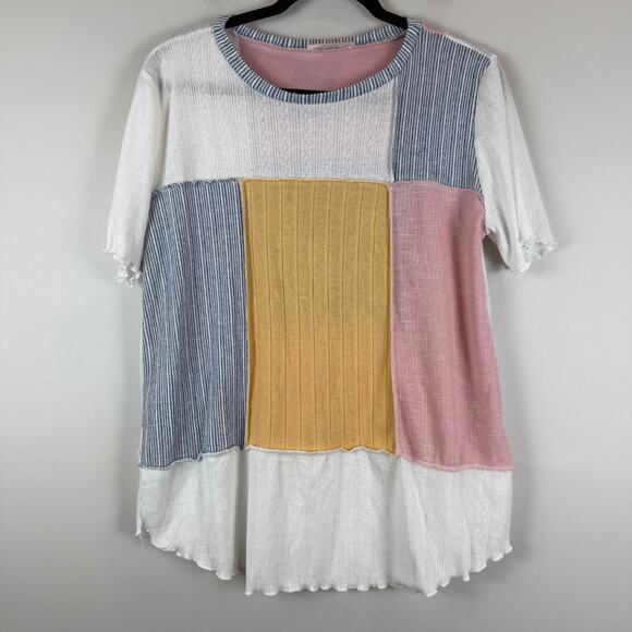 Sugarfox Top Womens Medium Multicolor Patchwork Striped Blouse Cottage Dainty - Picture 1 of 8